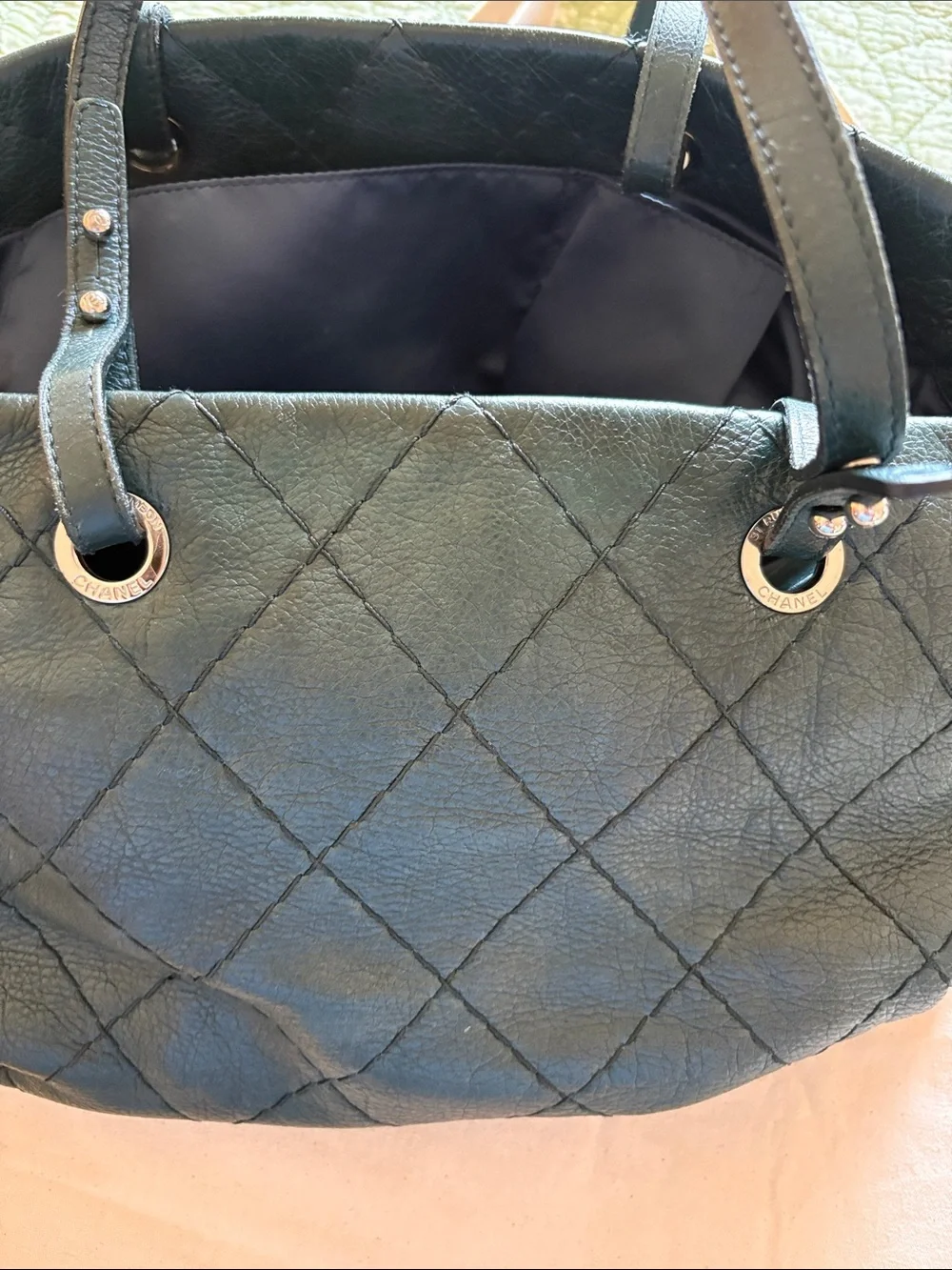 Authentic CHANEL Quilted Leather Tote in Deep Green with Silver Hardware